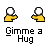Pixelated yellow figures with white circular heads extend arms in a hug pose, displayed in a with text below each figure