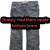 Two side-by-side pixelated images of a character in blue jeans with red text overlays on black bars, one showing full legs and the other cropped to the lower legs.