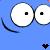 Two large white circular eyes with black pupils on a blue background, a curved dark blue line on the left, and a small dark blue heart shape in the bottom right corner.