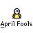 Animated contact sheet of a pixelated stick figure character in various poses with text bubbles, repeating "April Fools" across the background.