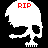 Pixelated skull icon with 'RIP' text in red, displayed in four color variations across a