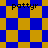 Blue and yellow checkered pattern with four instances of the text 'pottyr' in black pixelated font across different sections.
