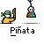Animated contact sheet of a yellow stick figure character with green bandana swinging a brown stick at a hanging rainbow pinata, showing frame-by-frame motion from intact to shattered pinata.