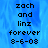 Blue background with black pixelated text reading 'zach and linz forever 3-6-08' in two identical vertical arrangements.