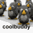 Animated contact sheet of 8 frames showing a cartoon penguin mascot with gray body, yellow beak and feet, and white eyes in various group poses against transparent background.