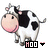 Pixelated cow icon with black-and-white patches, pink nose, and tail, displaying 'HOO' text and a heart symbol below.