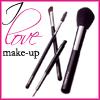 A static icon with a pink border displays four makeup brushes and the text 'I love make-up' in stylized fonts.