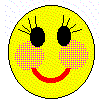 Yellow circular face with pink cheeks, black eyes with eyelashes, red mouth; one version has an open mouth, another has a winked eye.