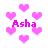 Pixelated pink hearts and 'Asha' text on white background with subtle animation changes.