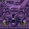 Pixel art of a purple stone structure with arched openings, two flower-like objects on green stems, and the text 'PREV' at top left.