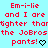 Red pixelated text on cyan background repeats 'Em-i-lie and I are tighter than the JoBros pants!' with black heart symbols, arranged in three