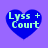 Four blue heart-shaped icons with light green text "Lyss + Court" on a purple background, each showing slight pixel variations across frames.