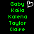 Green pixelated text lists names Goby, Kaila, Kalena, Taylor, Claire on black background with white heart symbol above first name.
