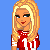 Pixelated cartoon woman with blonde hair in red and white striped shirt, blue background, text fragments 'sporty' and 'baby' visible.