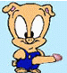 Cartoon pig character in blue overalls with pink ear tufts, holding a pink object against light blue background.
