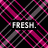 Pixelated icon with diagonal pink and gray stripes on black background, centered text 'FRESH.' in blocky white letters.