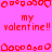 Pixelated red text and heart shapes on a bright pink background with gray corner section.