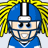Pixelated icon of a football player wearing blue uniform and helmet with yellow dreadlocks, static image.
