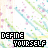Pixelated text "DEFINE YOURSELF" repeated across a on a background with diagonal pastel stripes and scattered pink dots