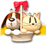 Animated sequence of a dog and cat in a basket with red bow, showing mouth expressions changing from closed to open.