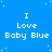 Blue background with white pixelated text reading "I Love Baby Blue" repeated in a pattern, scattered white dots resembling stars, and a solid gray rectangle in the bottom-right corner