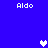 Blue background with four white 'Aldo' text blocks and three pixelated hearts in white and light purple.