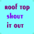 A static image with a light blue background displays three of text in purple and magenta fonts, featuring phrases like "roof top shout it out" and "BABY im ready to GO." The bottom-right corner has a solid gray rectangle