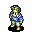 Pixelated character with green hair and blue shirt in four sequential poses showing walking motion against gray background.