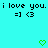 Cyan background displays repeated text and emoticons with two green pixel hearts at bottom.