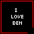 Four black square with red borders display "I LOVE BEN" text; two have a small red heart and star symbol in the bottom-right corner