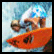 A pixelated image shows a person in motion on an orange surfboard against a light blue background, with the word 'SURF' rendered in large stylized letters.