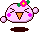 Pixelated pink bird with closed eyes, orange beak, pink cheeks, and flower crown on gray background.