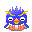 Blue cartoon bird with spiky hair, orange beak, and red-and-white striped pants in four pixelated expressions.