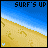 Pixelated beach scene with blue sky and sand, text 'SURF'S UP' at top, two footprints on sand, small symbol in bottom corners.