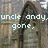 A pixelated image of a stone building with arched windows, overlaid with light blue text reading "uncle andy, but never forgotten" and the date "9/5/07".