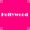 A static image with a bright pink background displays multiple 'Hollywood' text variations in white pixelated fonts, including blocky, cursive, and standard styles, with white square and rectangular outlines at corners and midpoints.