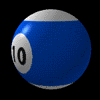 Six views of a blue billiard ball with white top and number 10 on gray circle, arranged in two against black background
