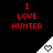 Red text "I LOVE HUNTER" above white triangular icons with heart symbols on black background.