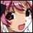 Pixelated anime-style character face with pink hair and wide eyes next to stylized text on a black background.