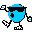 Pixelated blue character with black sunglasses and a plus sign on its chest, performing sequential walking animation against gray background.