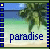 A beach scene with palm trees, blue sky, and turquoise water, with the word 'paradise' in blue text at the bottom, animated with small yellow highlights on the sand.