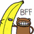 Pixelated cartoon monkey holding a banana, standing next to a large yellow banana with 'BFF' text above it.