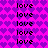 Pixelated text 'love' repeated in and on a heart-patterned background with purple and pink hues