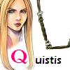 A static image shows a person with long blonde hair wearing a white shirt with a large pink Q symbol, next to a black mechanical arm and the text 'uistis' in dark blue.