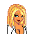 Pixel art contact sheet showing three frames of an animated icon featuring a cartoon woman with blonde hair and blue eyes, alongside partial views of male figures in casual clothing, all above text labels reading "jame" on gray and black backgrounds.