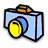 Pixelated camera icon with blue body, yellow lens, and orange top section against white background.