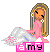 Pixel art of a figure with long blonde hair, pink dress, and white wings on gray background; text "amy" in pink box below.