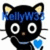 Black cat with large white-ringed eyes, yellow inner ears, and blue headband holding a glowing blue orb.