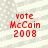 Red pixelated text 'vote McCain 2008' on a light gray striped background with scattered white dots.