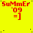 Red text on yellow background with black dots, displaying 'SuMmEr' in mixed case above '09' and '=]' below.
